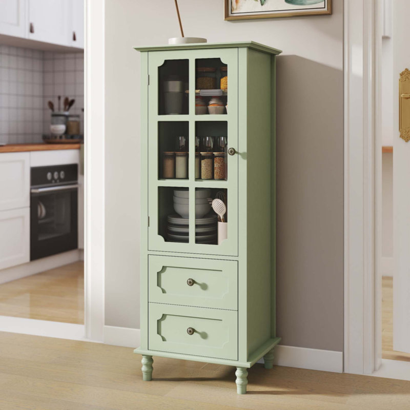 Buffet minimalisme avec portes en verre et double tiroir, Vert menthe