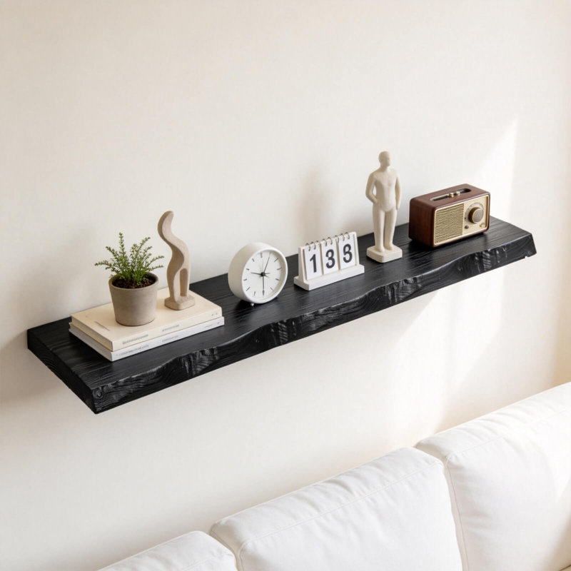 72 Inch Solid Wood Floating Shelf, Live Edge Rustic Wall Shelf With Hidden Brackets, 8” Deep Long Wooden Shelf For Living Room, Bathroom, Bedroom, Kitchen Storage & Display (black)