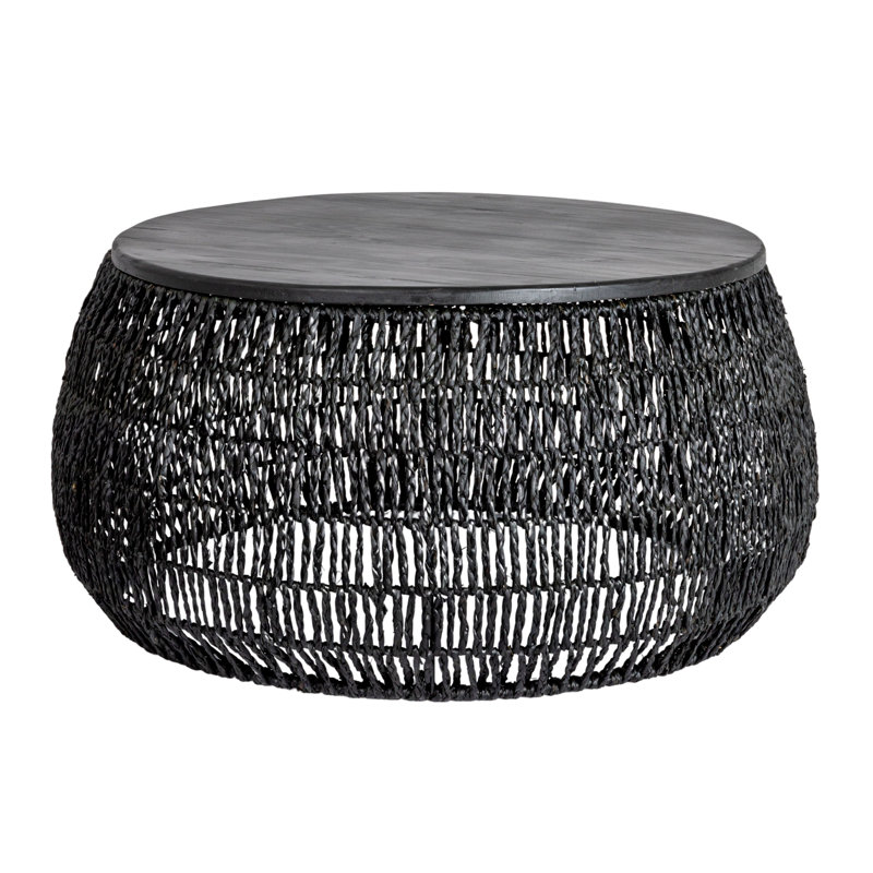Serena Hand-Woven Seagrass and Pine Wood Round Coffee Table, Black, Black/Black