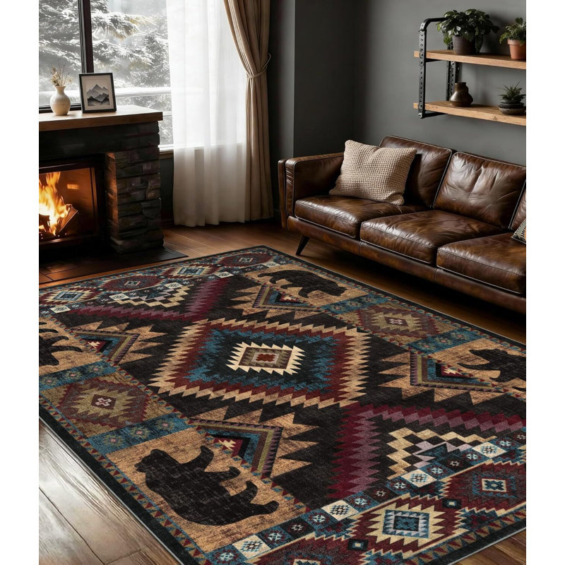 Rustic Lodge Cabin Machine Washable Area Rug with Non-slip Backing, Rectangle 9' x 12'