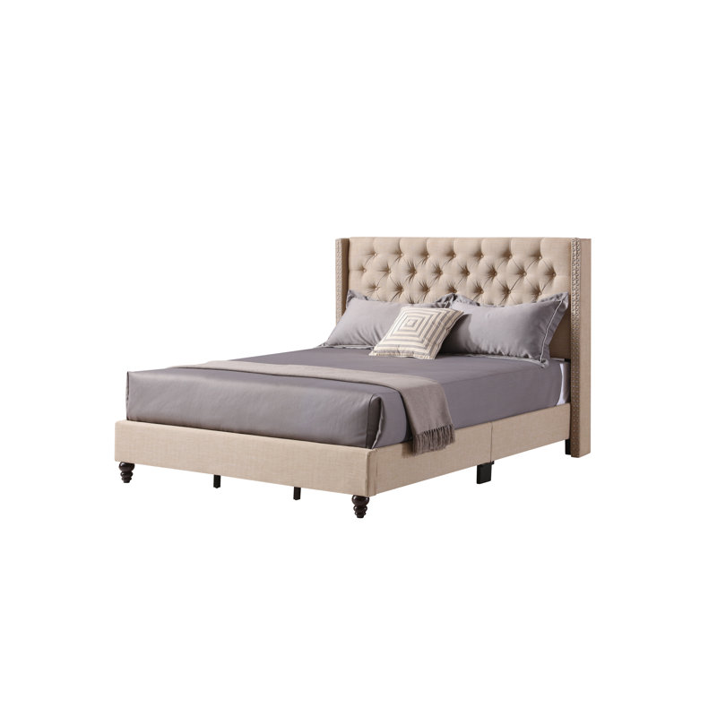 Ashe Upholstered Wingback Bed, Queen, Beige