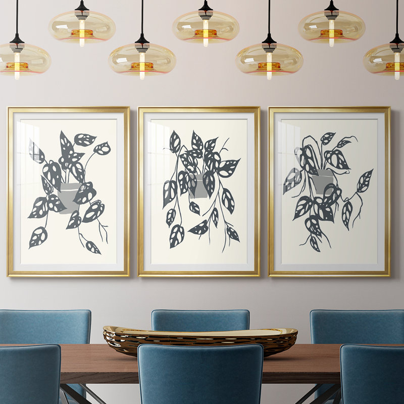 «Growing Leaves IV», impression encadrée sur mesure de qualité supérieure - 3 pièces, H 19 po x l 45 po, Doré