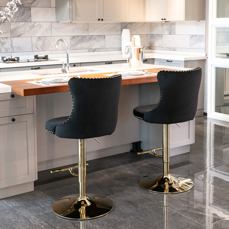 Jarrod Black Modern Upholstered Golden Swivel Velvet With Adjustable Seat Height 25 - 33 Inch, Comfortable Bar Stools Backs, Of 2 For Kitchen Island And Home Pub Seating Swivel, , Height, Modern, , Black,