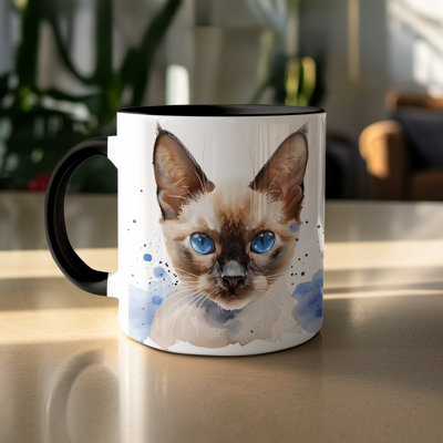 Cat Design 11oz Accent Mug – White Ceramic Coffee Cup with Colored Handle and Interior