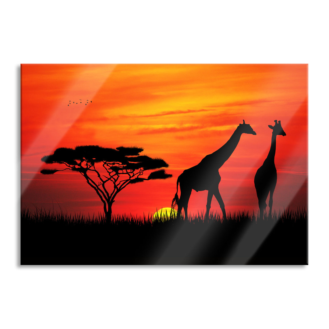 Ungerahmtes Foto auf Glas "African Giraffes in the Sunset"