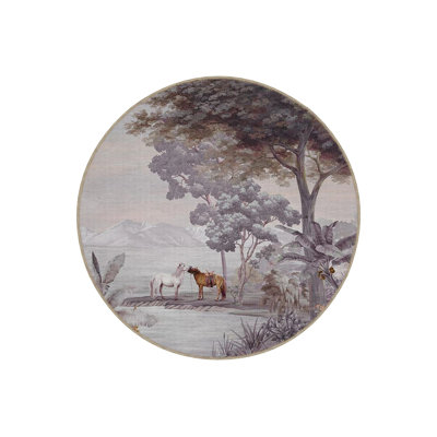 Tapestry Design Round Gray Beige Detailed Decorative Carpet