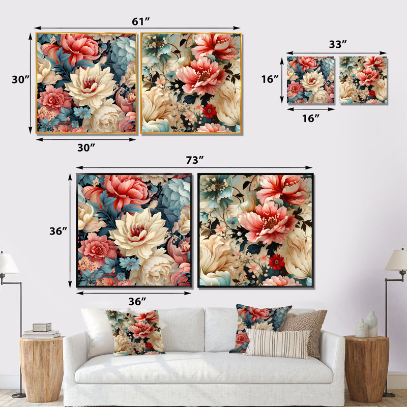 Cremeans - ensemble de 2 impressions murales florales, Toile tendue, H 16 po x l 33 po x P 1 po