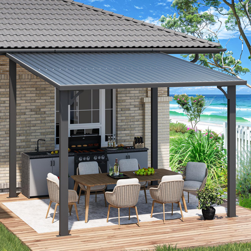 Wall-Mounted Heavy Duty Lean To Metal Pergolas And Gazebos, 98.4" H x 120" H x 120" D