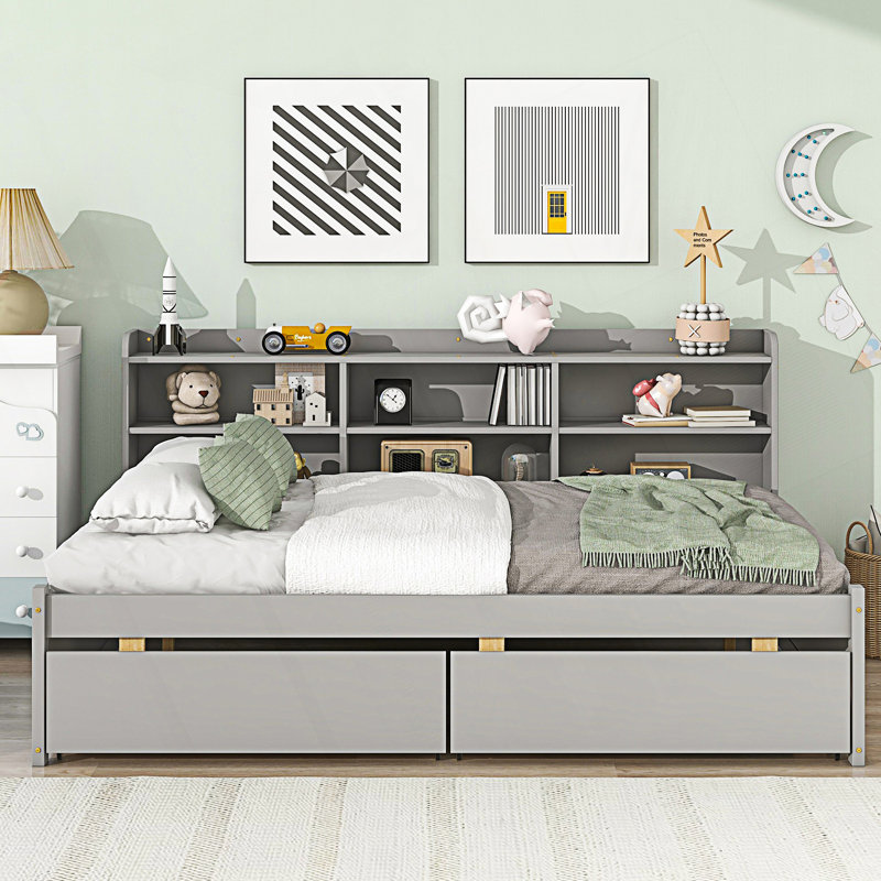 Full Bed With Side Bookcase And Drawers, Modern Bed Frame