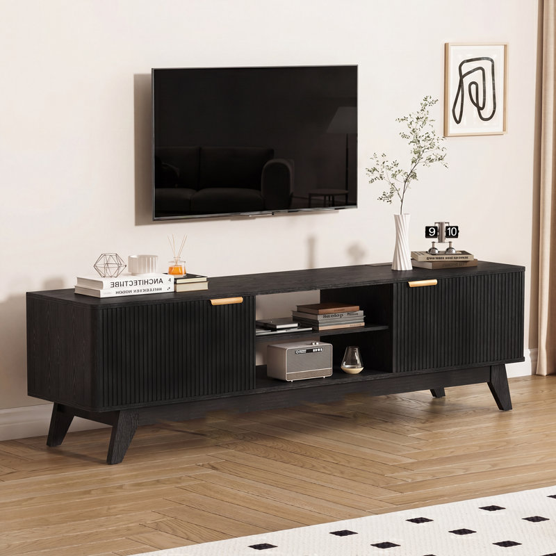 Meuble télé cannelé, console multimédia avec tablettes réglables et prise de courant, meuble audio-vidéo Mid-Century, 70 po