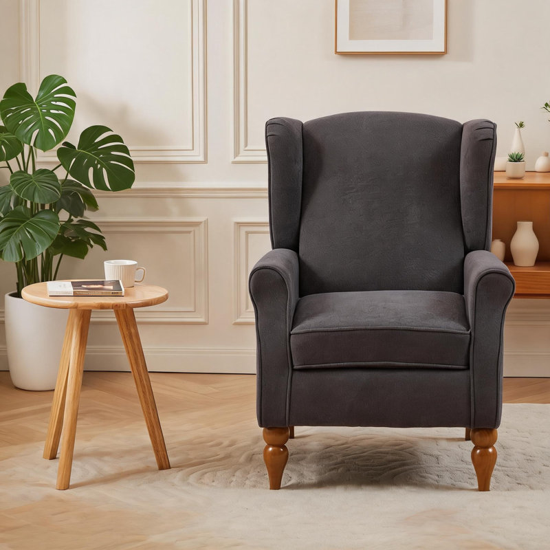 Ensemble de salon et de chambre à coucher avec fauteuil à oreilles gris froid et table basse en bois massif de style rétro