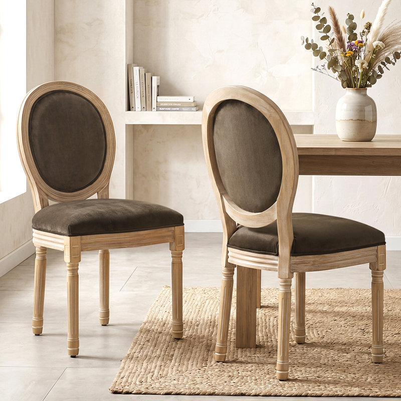 Amando 20" H Mid-Century King Louis Back Solid Wood Dining Side chairs, Brown, Velvet, Brown Velvet