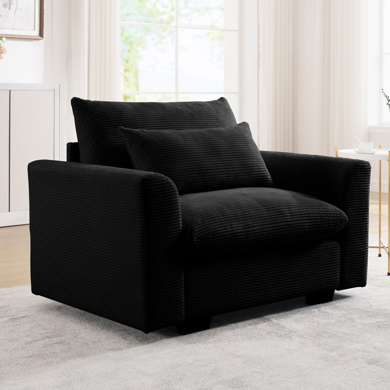 Chaise en velours côtelé noir avec assise profonde moelleuse et confortable, H 29,53 po x l 30,93 po x P 30,12 po, Noir