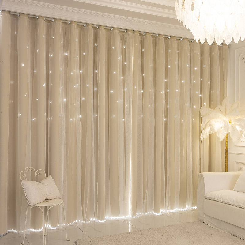 Dentelle simple avec un motif d'étoile; Rideaux à double couche pour la journée, L 52 po x L 72 po, Gris