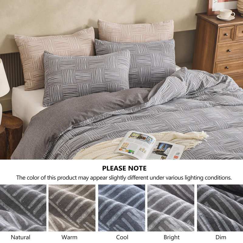 100% Cotton Yarn-Dyed Jacquard Duvet Floral Duvet Cover Set, Gray Checkered Stripes