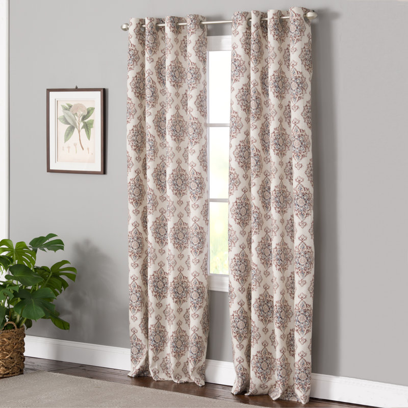 Quintara Polyester / Cotton Light-Filtering Medalion Print Curtain Panel with Grommet Top, 50" W x 84" L, Red/Cream