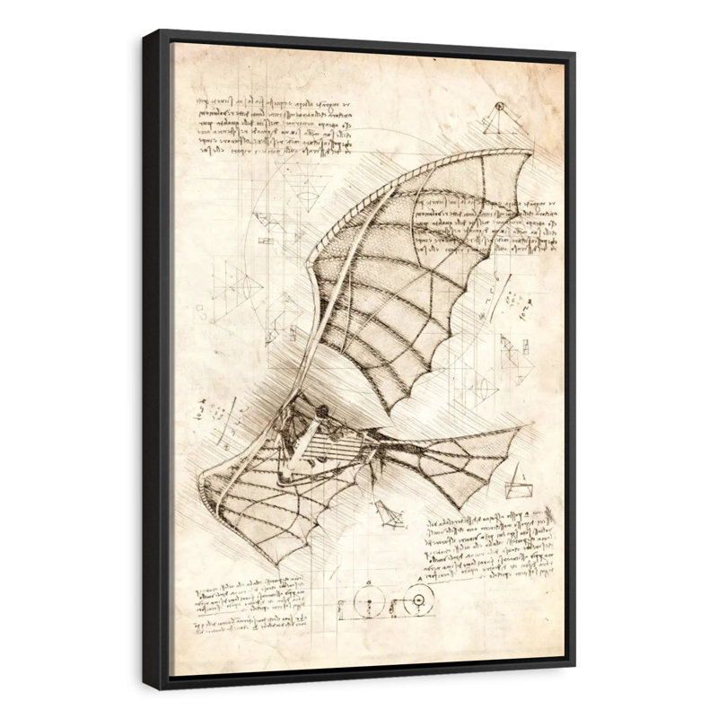 Flying Machine Leonardo Da Vinci, 9" X 13", Floating Frame Black