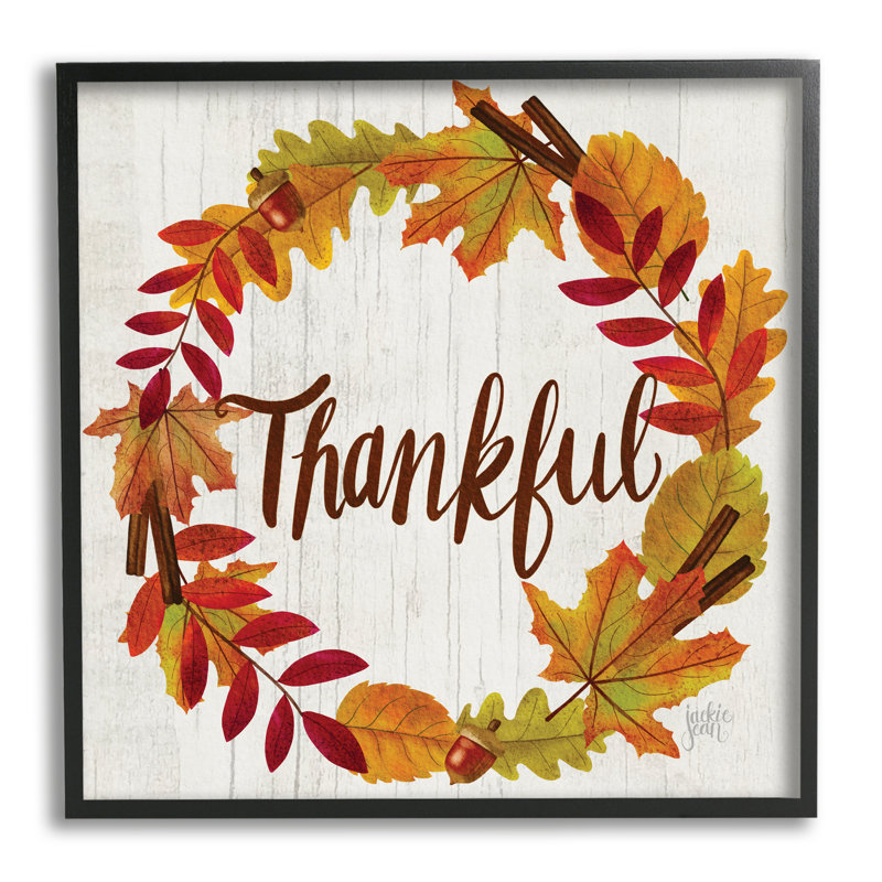 «Autumn Tree Leaf Wreath Thankful Sentiment Home» - Art textuel sur toile, Giclée encadrée noir minuit