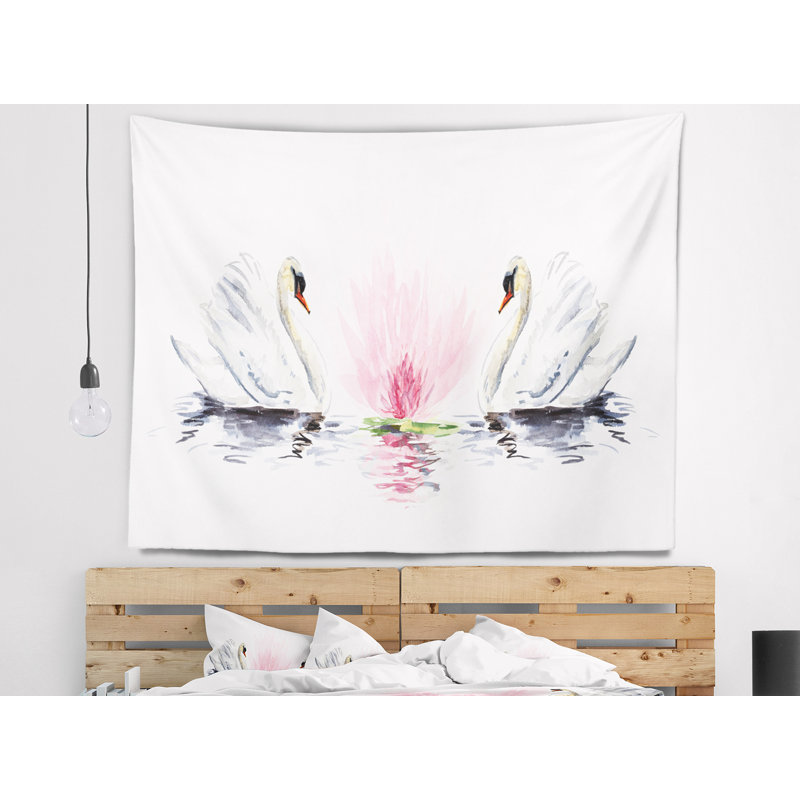 Animaux cygnes flottants sur fond blanc tapisserie, H 50 po x l 60 po