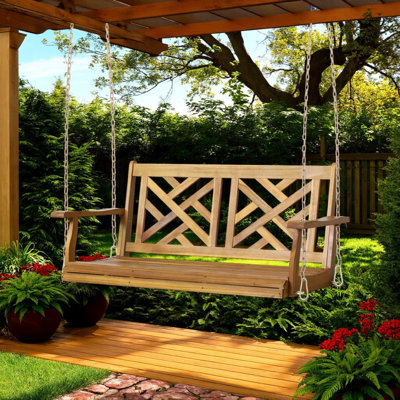 Banc de balançoire avec chaînes Annah, bois d'acacia brun à chevrons
