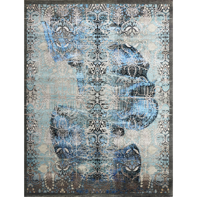 Hand Knotted Damask Area Rug in Blue/Gray/Black, Rectangle 9' x 12'