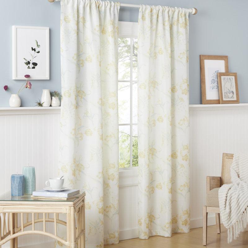 Yellow Floral Light Filtering Polyester Rod Pocket Curtain Panel Pair