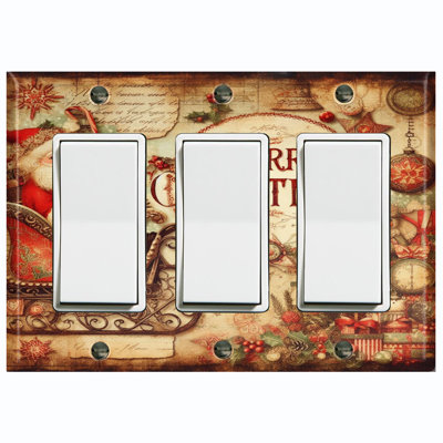 Santa Claus Merry Christmas Biege Nature Themed 3 - Gang Toggle Light Switch Standard Wall Plate