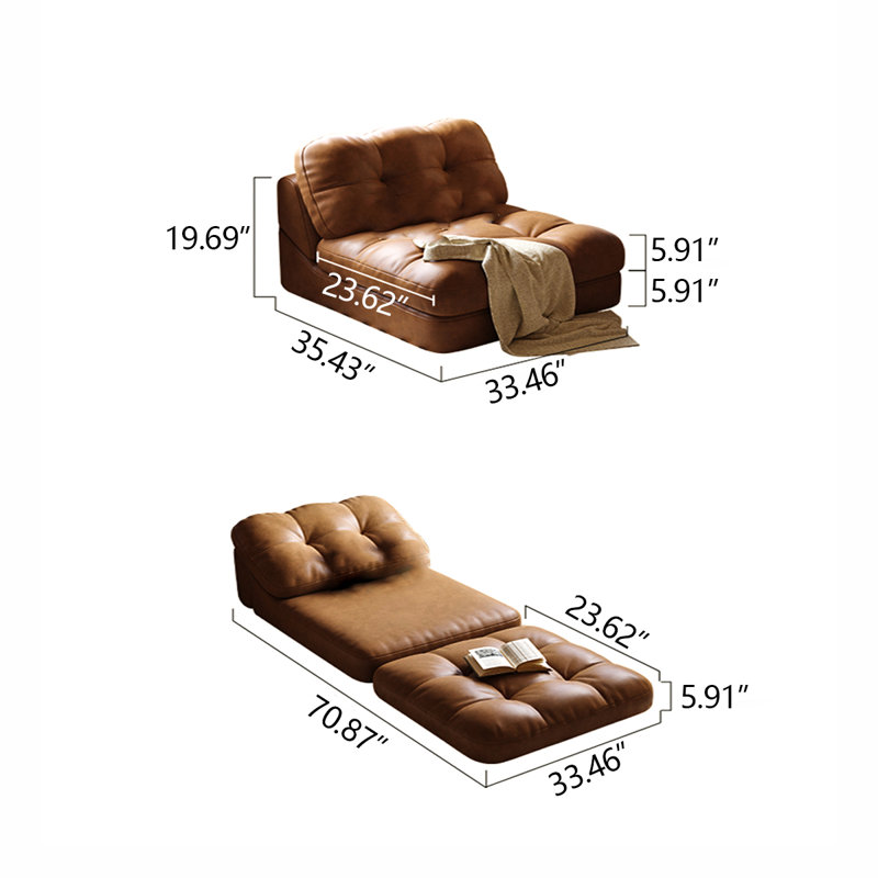 Canapé-lit en cuir brun moderne avec coussins 29,53 po, H 69 po x l 33,46 po x P 35,43 po 