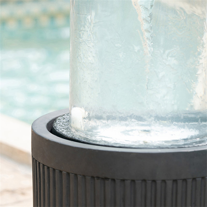 20X20x19.5" Heavy Cement Round Black Ribbed Outdoor Water Fountain With Light (Color Change)