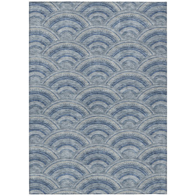 10' X 14' Denim Blue Navy Blue And Ivory Geometric Washable Indoor Outdoor Area Rug