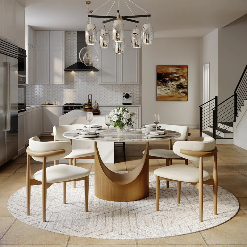 Modern 5/7 Pieces Dining Room Sets, Pre-Assembly Round Dining Table Sets, Sintered Stone Tabletop Kitchen Dining Table Set With Upholstered Chairs