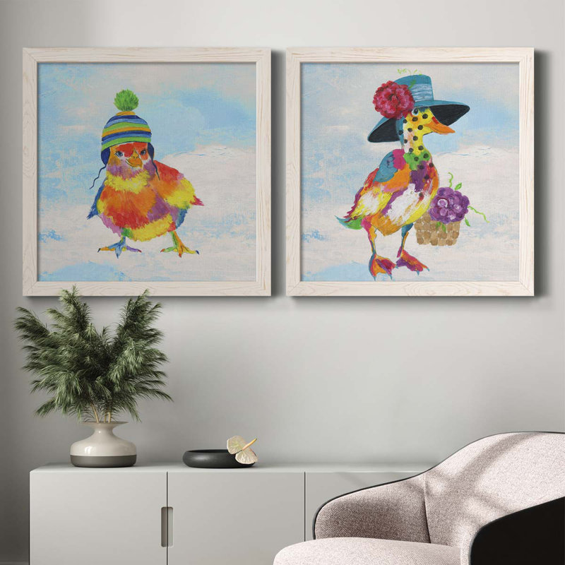 «Groovy Chick and Sky», ensemble de 2 peintures sur toile encadrées, Cadre blanc, H 27,5 po x l 55 po x P 1,5 po