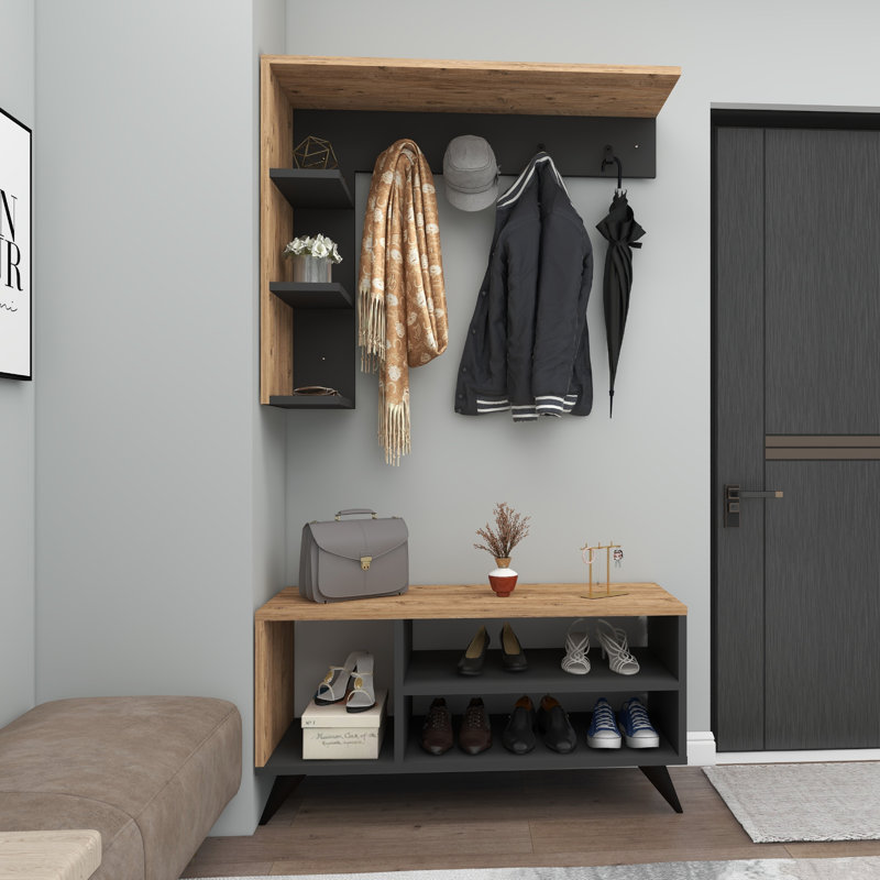 Hall Tree with Bench and Shoe Storage, Brown/Grey