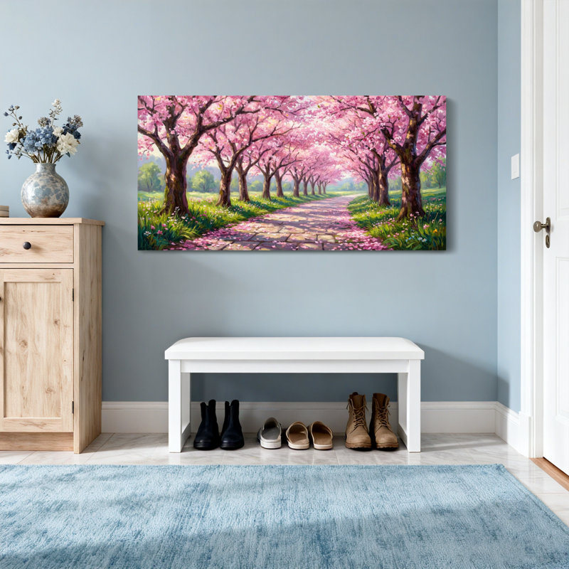 Scène de printemps dans un paysage de cerisiers en fleurs, H 28 po x l 58 po