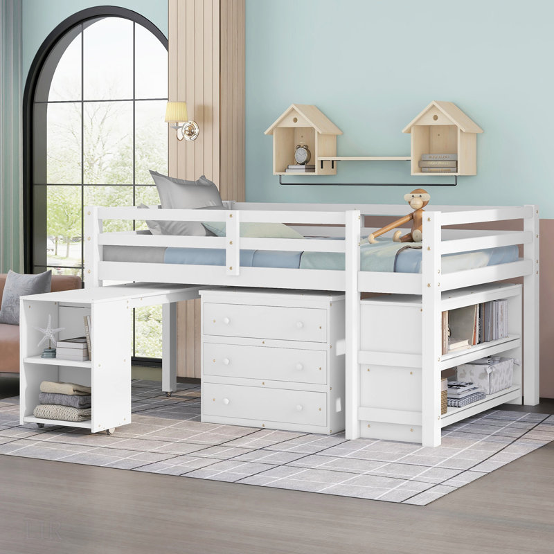 Lit mezzanine double bas avec cabinet, tablettes et bureau portatif à roulettes pour une utilisation multifonctionnelle et une utilisation efficace de l'espace