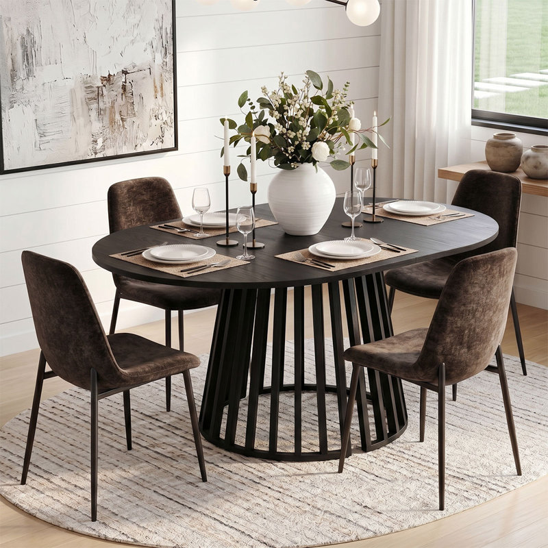 4- Person Dining Table Sets With Extendabe Oval Table & 4 Upholstered Chenille Dining Chairs, Brown