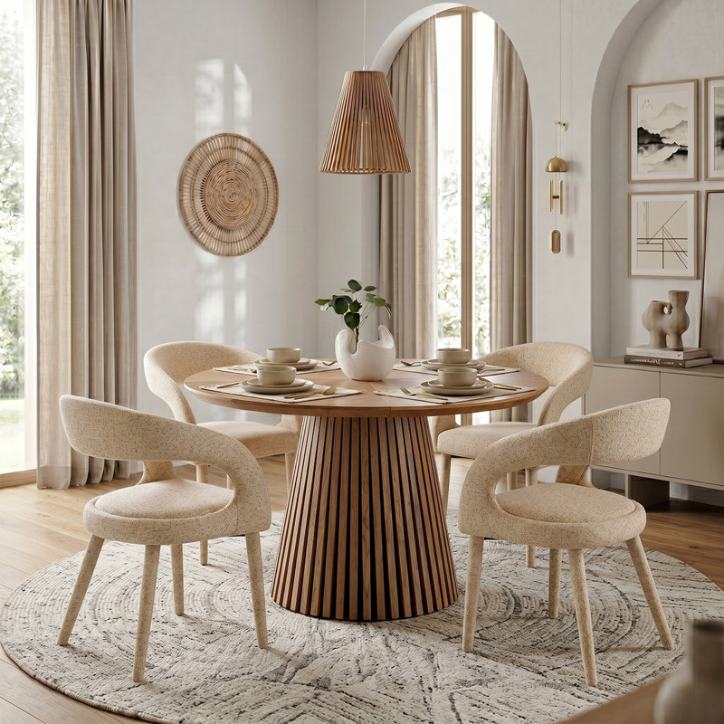 Modern 5-Piece Wooden Round Kitchen Dining Table Set, Beige
