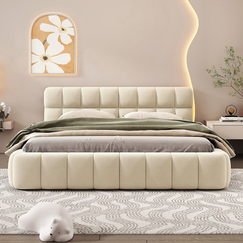 Upholstered Platform Bed with Thick Fabric, Grounded Bed with Solid Frame, Beige