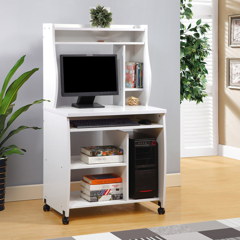 Mobile White Computer Cart With And Spice Rack, Featuring Gliding Utensil Tray Stylish Shape, 29.5 In Depth, 19.6 Width Microwave On Locking Castors, Good For Coffee Machine Setup, Width, Depth