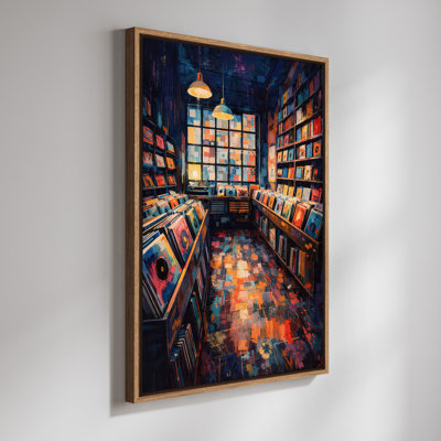 Cozy Record Store Interior with Colorful Vinyl Framed Print Wall Art