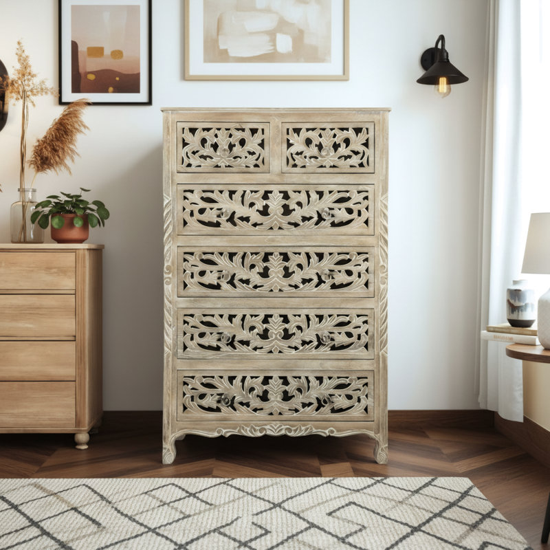 Harleen Solid Wood 35'' W 6 - Drawer Dresser, Limestone Beige