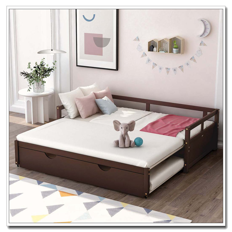 Lit de jour extensible avec couchette, lit de jour en bois avec couchette, Espresso