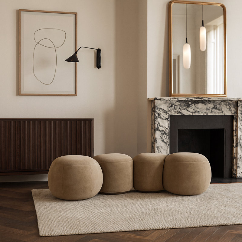 Banc en velours Apollo, H 18 po x l 65 po x P 31 po, Velours beige