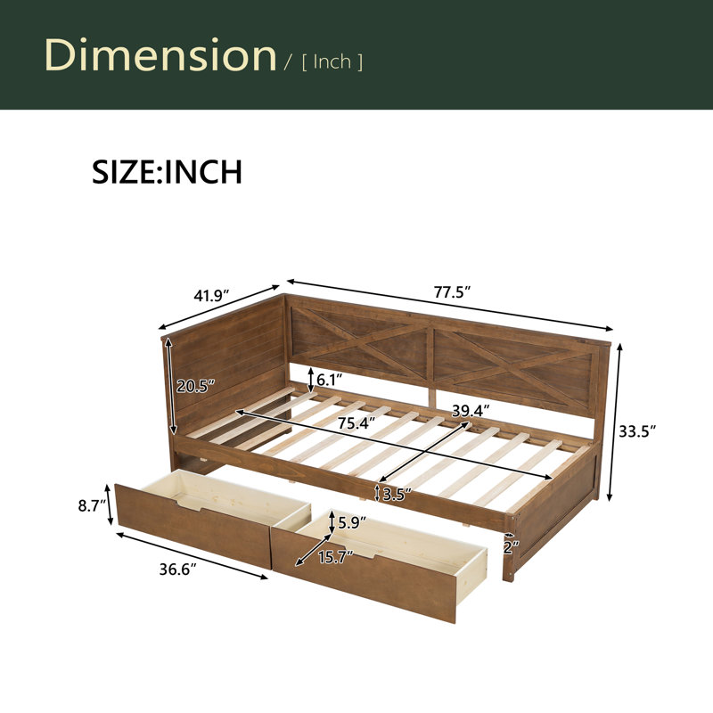 Lit de jour simple en bois avec 2 tiroirs et garde-corps rustique, Brun