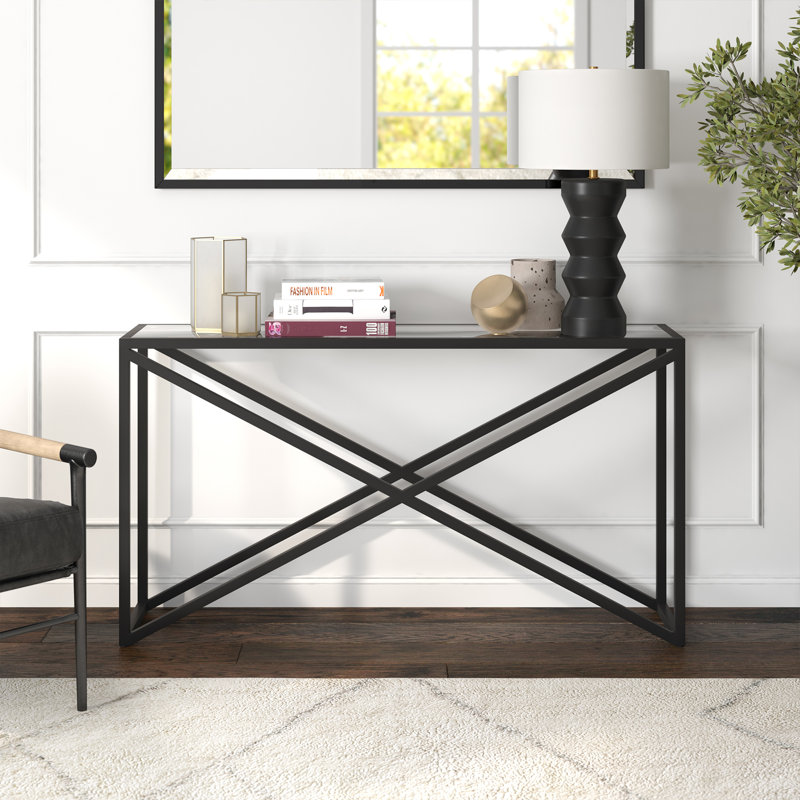 Calix Glass Top Console Table, 76 cm H x 139.7 cm W x 35.56 cm D, Blackened Bronze