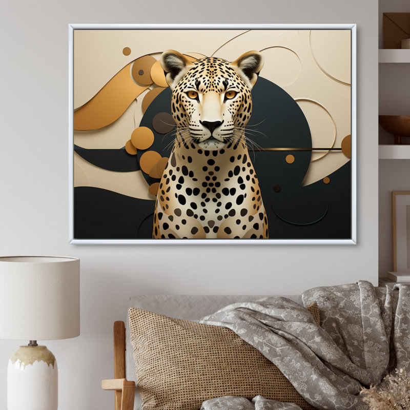 Léopard élégant géométrique - art mural léopard, Cadre flottant blanc, H 12 po x l 20 po x P 1 po