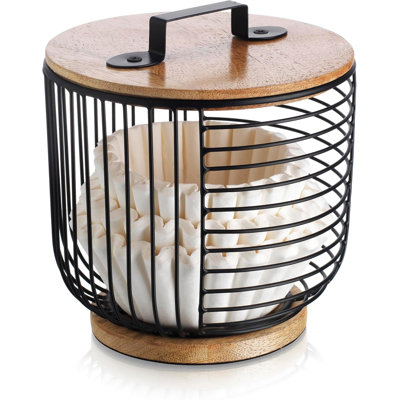 Porte-filtre à café pour comptoir avec couvercle en bois Basket Panier de rangement rond en fil de café noir pour l'organisation du comptoir de cuisine Accessories Accessoires de bar à café