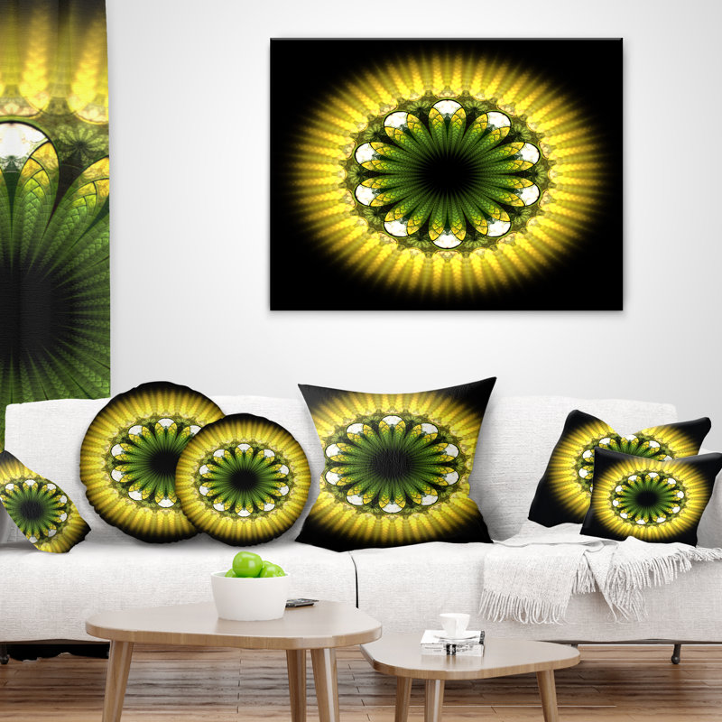Motif de fleur noir et jaune fractal - coussin imprimé abstrait, 18 po x 18 po, Coussin décoratif