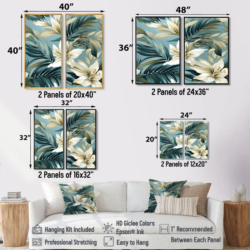 Motif tropical côtier neutre 2 pièces, Silver, 36" H x 48" W, Impression encadrée flottante