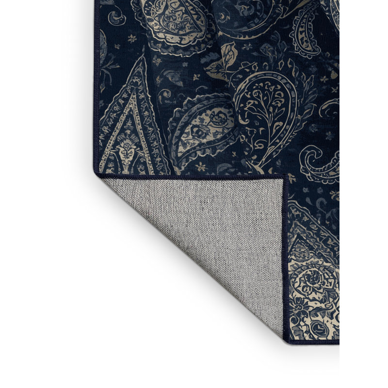 Tapis motif cachemire bohémien gris lavable à la machine - reliure bleu marine, 6 X 9